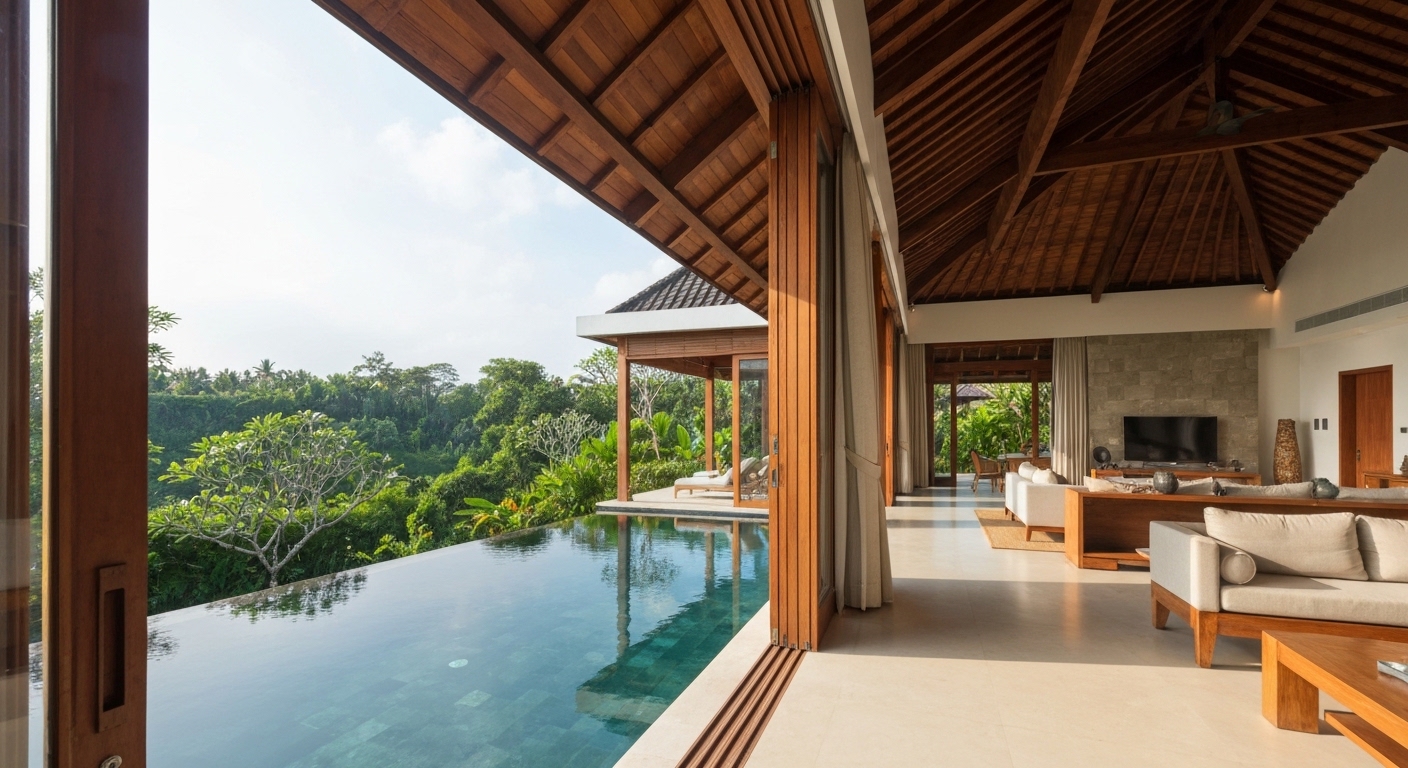 Luxury Bali villa interior with tropical garden - DubaiBali.com relocation services