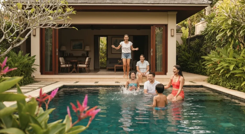 Family at luxury Bali villa - moving costs guide